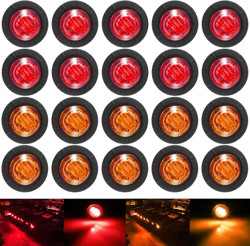 KEING 10 Amber + 10 Red Sealed Waterproof 3/4 Inch Mini Round LED Bullet Side Marker Clearance Lamp Indicator Light Brake Stop Lamp 12V for Traile...