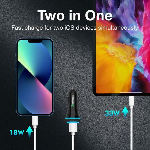 MOCA for iPhone 51W Fast Charger, USB C Dual Ports W/ 2pcs 3.3ft A-P/C-P Cable Car Charger Adapter for iPhone 13 12 11 Pro/XS/XR/SE/X 8/iPad/AirPo...