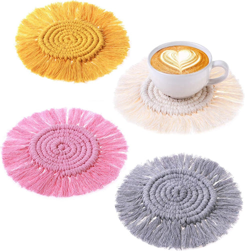4PCS Macrame Coasters for Drinks, Handmade Cotton Coasters Set, Boho Coasters with Tassels, Round Drinks Woven Coasters, for Kinds of Mugs and Cup...