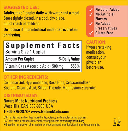 Nature Made Vitamin C 500 mg with Rose Hips, Dietary Supplement for Immune Support, 130 Caplets, 130 Day Supply...