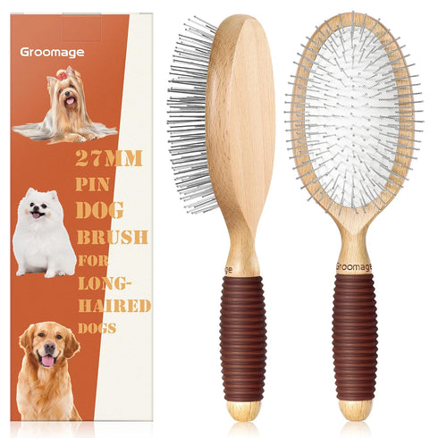 Dog Brush, Pin Brush for Dogs, 27mm Extra Long Pin Brush, Dog Grooming Brush for Shedding, Dog Brush for Long Haired Dogs - Beech Wood Material, N...