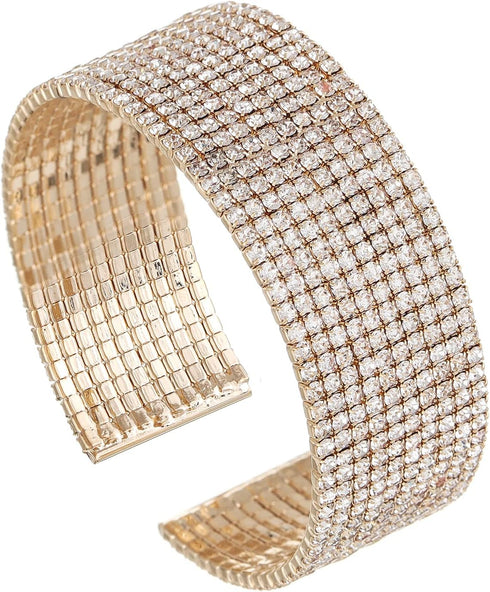 Sparkly Silver/Gold Simple Multi-layer Rhinestone Cluster Wide Cuff Bangle Wedding Jewelry for Women Bridal Statement Bracelet...