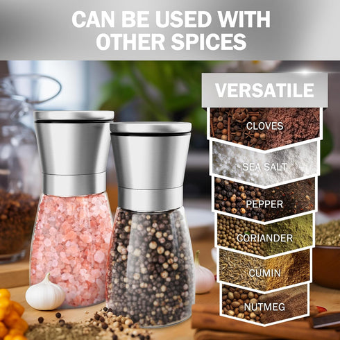 Home EC Original Stainless Steel Sea Salt and Pepper Grinder Set of 2 - Adjustable Ceramic - Glass Salt and Pepper Shakers - Kitchen Pepper Mill &...