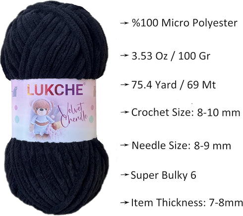 Black Soft Velvet Yarn Chenille Yarn for Crocheting Super Bulky 100g (3.53 Oz), (75.4 yds) Baby Blanket Yarn for Knitting Amigurumi Yarn Fancy Yar...