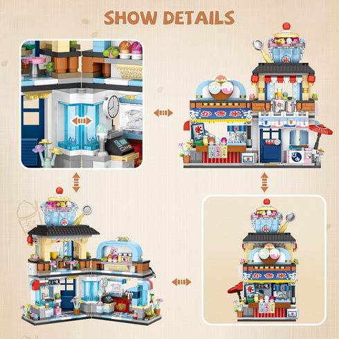 Japanese Street View Ice Drink Shop Mini Building Blocks Toys Model Set, MOC Creative DIY Simulation Architecture, 668 PCS Mini Bricks Constructio...