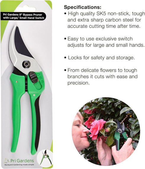 8 Inch Garden Pruner with a SK5 Carbon Steel, Non-stick, Rust Resistant Blade. Adjustable for Small and Large Hands...