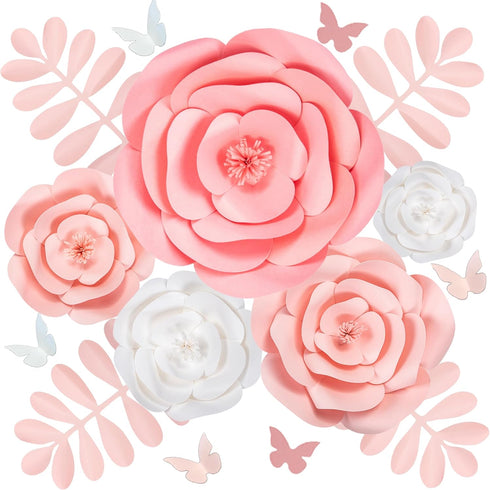 Rainbows & Lilies 15pc Large Paper Flowers Decorations for Wall - Reusable 3D Wall Decor for Girls Room, Nursery & Kids Bedroom - Pink & White Art...
