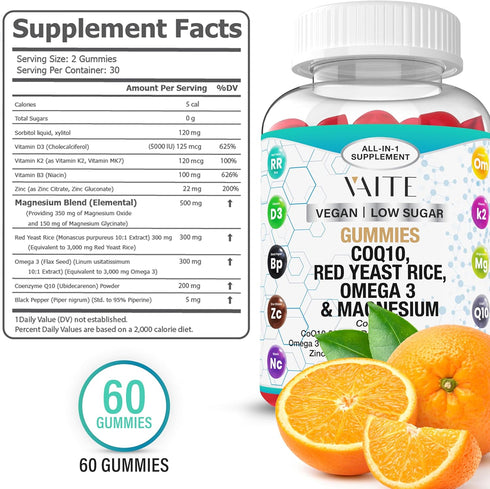 Coq10 Gummies Red Yeast Rice Magnesium Gummy Supplements Omega 3 Niacin Zinc Vitamin K2 D3 B3 - Heart Health Support Vitamins for Women and Men, A...