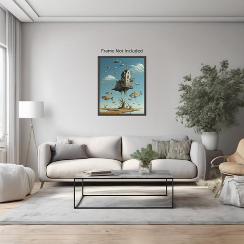 Posterizer 1 pcs-sci-fi flying fish and floating hunted house-Abstract & Modern Art-Fantasy & Fiction Art-Gift for Art Lovers-Decor for Home & Off...