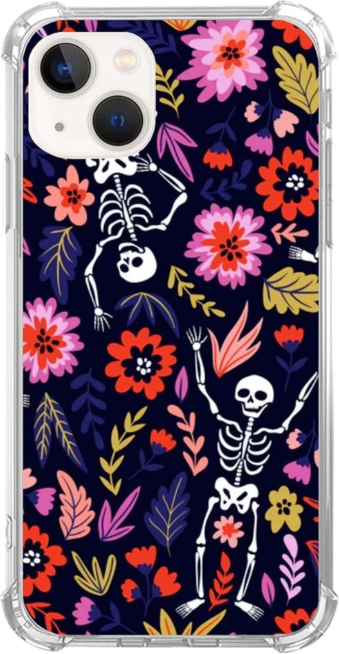 Cool Skeleton Flower Phone Case Compatible with iPhone 13, Halloween Bones Skull Floral Cover for Men Girls Women Boys, Shockproof Protective TPU ...