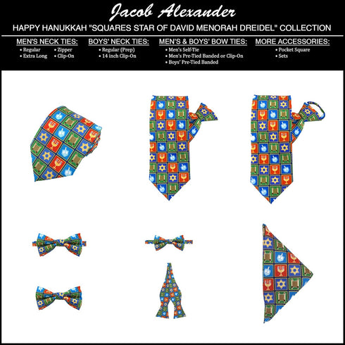 Jacob Alexander Men's Happy Hanukkah Squares Star of David Menorah Dreidel Scroll Adjustable Pre-Tied Banded Bow Tie...