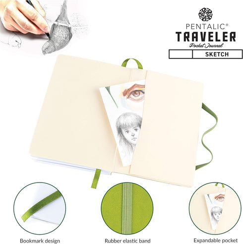 Pentalic 4" x 6" Pocket Sketchbook Traveler Journal, 160 Pages, Olive Green...