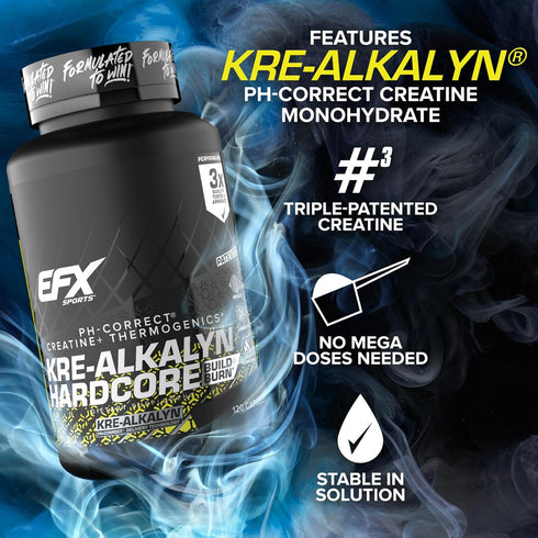 EFX Sports Kre-Alkalyn Hardcore | Thermogenic pH Correct Creatine Monohydrate Pill Supplement | Energy & Strength Pre Workout | 40 Servings, 120 C...
