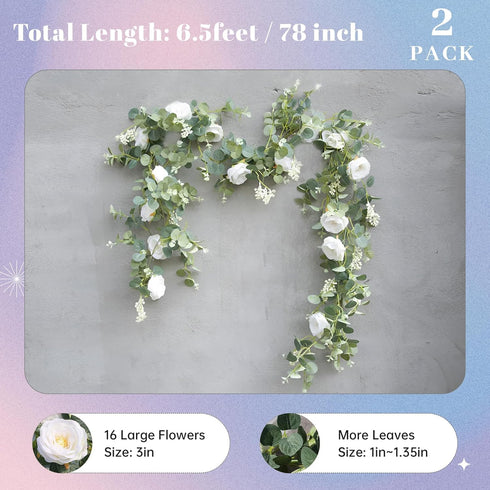 Der Rose 2Pcs Artificial Eucalyptus Flower Garland with Fake Rose Flower Vine Seeded Eucalyptus Leaves Greenery Garland for Wedding Table Runner B...