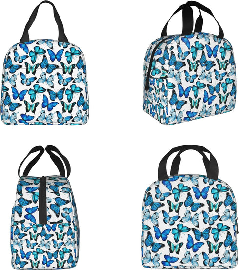 Insulated Lunch Bag Box for Women with Blue Butterfly Print Cooler Thermal Waterproof Reusable Tote Bag with Big Pocket for Work Office Picnic Col...