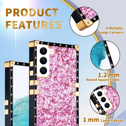 Loheckle for Samsung Galaxy S22 Case for Women Girls with Ring Stand Holder and Lanyard, Glitter Retro Luxury Glamour Cute Square Edges Bling Phon...