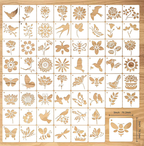 60 Reusable Flower Stencils for Painting on Wood and Canvas Sunflower Leaf Rose Bee Bird Stencil Small Craft Stencils 3x3 Inch Paint Stencils for ...