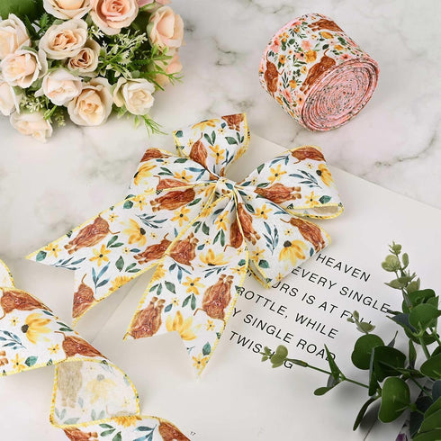 2 Rolls 20 Yards Boho Floral Highland Cow Wired Edge Ribbon Animal Flowers Printed Fabric Ribbon for Gift Wrapping Wreaths Making Craft Supplies, ...