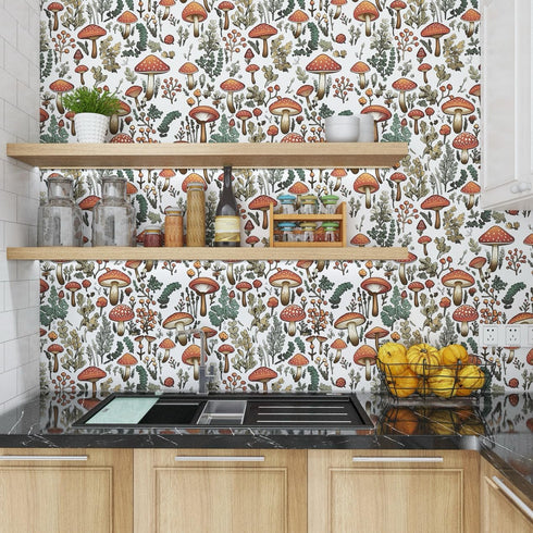 Mushroom Wallpaper Peel and Stick Wallpaper White Wallpaper Stick and Peel Dark Leaf Contact Paper for Cabinets Waterproof Self Adhesive Wall Pape...