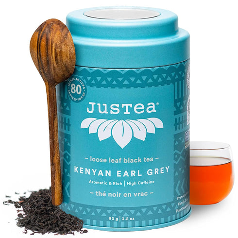 JusTea KENYAN EARL GREY | Loose Leaf Black Tea | Tin with Hand Carved Tea Spoon | 40+ Cups (3.2oz) | High Caffeine | Award-Winning | Fair Trade | ...