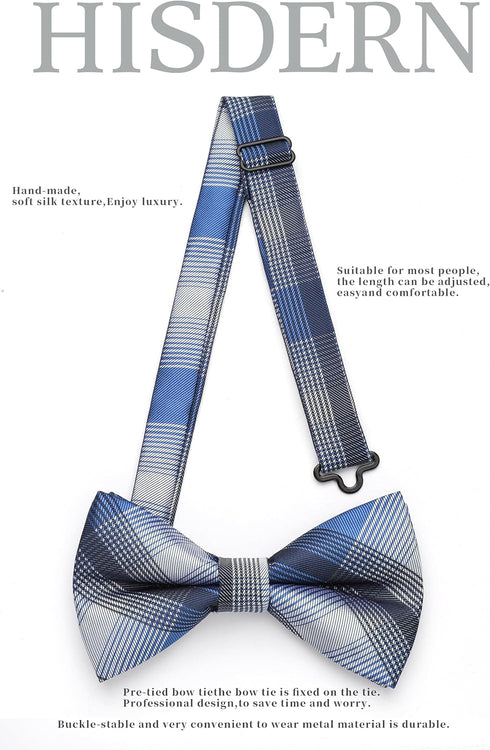 HISDERN Bow Ties for Men Pre-Tied Bow Tie Set Handkerchief & Cufflinks Plaid Classic Formal Bowtie for Party Wedding...