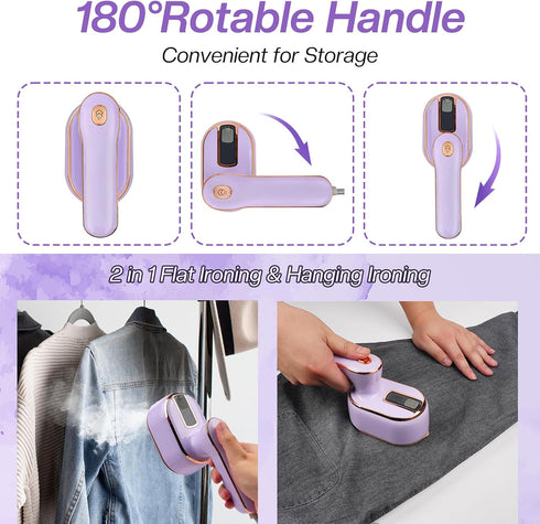 Mini Steam Iron, Travel Steamer for Clothes Portable Mini Iron, Portable Steamer for Dry and Wet Ironing, 970W Handheld Steamer 180° Rotatable Gar...