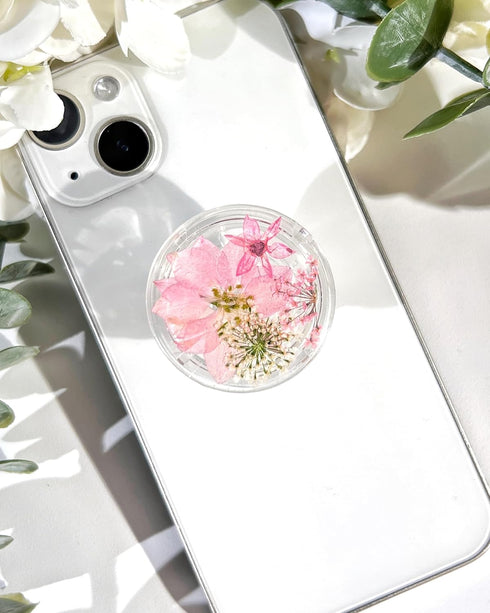 Pressed Pink Flowers Phone Grip,Handmade Dried Flowers Clear Phone Stand, Expanding Cell Phone Charms Accessory, Interchangeable Kickstand, Collap...