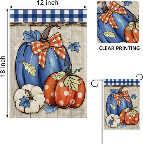 Fall Blue White Pumpkin Decorative Garden Flag, Autumn Plaid Check Farmhouse Yard Outside Decorations, Thanksgiving Rustic Burlap Outdoor Small Ho...