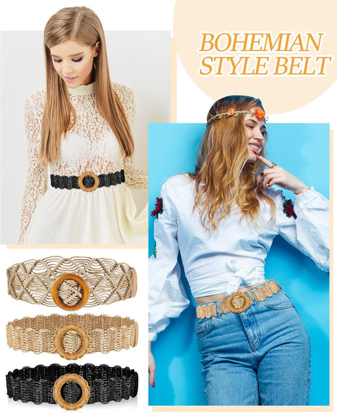Hercicy 3 Pcs Rattan Straw Woven Belt Bohemian Waist Rope Braid Belts for Women, Trendy Boho Ladies Skinny Dress Belt Multicolor...