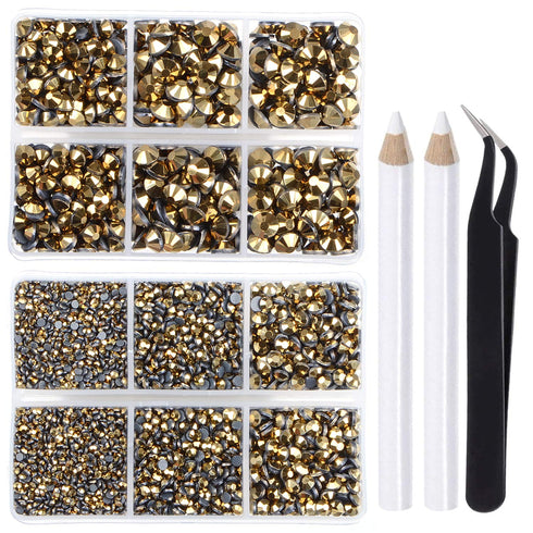 LPBeads 6400 Pieces Hotfix Rhinestones Metallic Gold Flat Back 5 Mixed Sizes Crystal Round Glass Gems with Tweezers and Picking Rhinestones Pen...