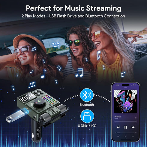 LENCENT FM Bluetooth 5.3 Transmitter for Car, Adjustable Treble and Bass Sound Music Player, Bluetooth Car Adapter for Hands Free Calls, Supports ...
