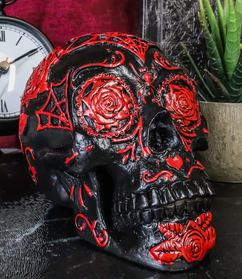 Ebros Day of The Dead Spider Web Floral Red Rose Skull Figurine DOD Floral Black Sugar Skull Statue 5" L...