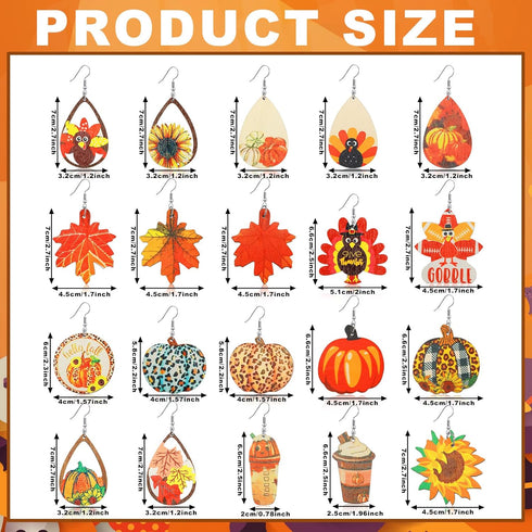 20 Pairs Fall Thanksgiving Earrings Bulk for Women Wooden Thanksgiving Painted Earrings Autumn Pumpkin Turkey Sunflower Maple Leaf Dangle Earrings...
