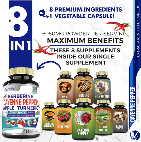 Cayenne Pepper Supplements Extract Capsules 6050mg, 180 Capsules & Berberine, Apple, Turmeric Curcumin, Bitter Melon, Ginseng, Milk Thistle| Suppo...