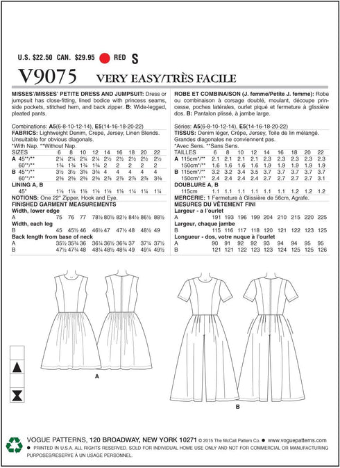Vogue Patterns V9075E50 Misses'/Misses' Petite Dress and Jumpsuit Sewing Template, Size E5 (14-16-18-20-22)...