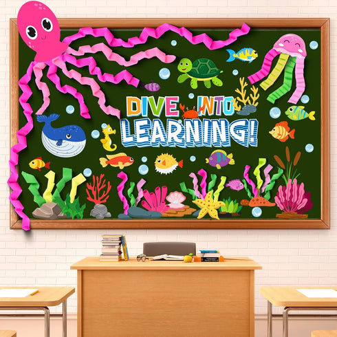 51 Pcs Ocean Bulletin Board Under The Sea Classroom Decorations DIY Sea Animals Octopus Fish Cutouts Dive into Learning Decor for Back to School S...