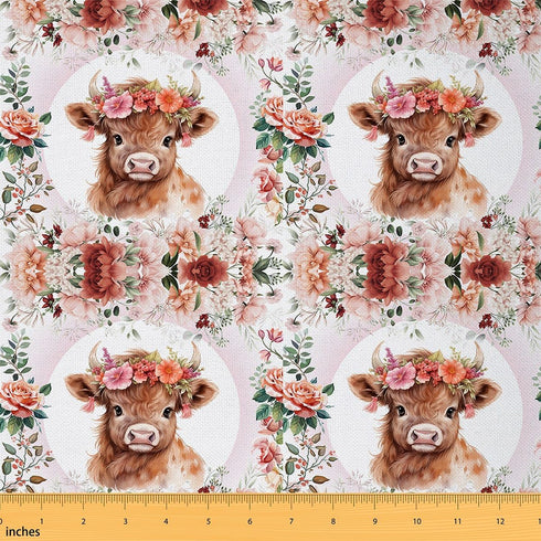Feelyou Cute Highland Cow Fabric by The Yard 1 Yard Cartoon Animal Decorative Waterproof Outdoor Fabric Flower Floral Print Upholstery Fabric for ...