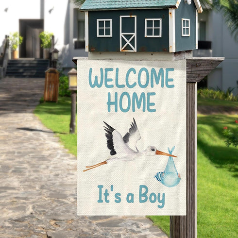 Welcome Home Baby Boy Garden Flag Baby Shower Garden Flag 12×18 Inch Double Sided Burlap Flag Newborn Gender Reveal Lawn Yard Sign Stork Outdoor D...