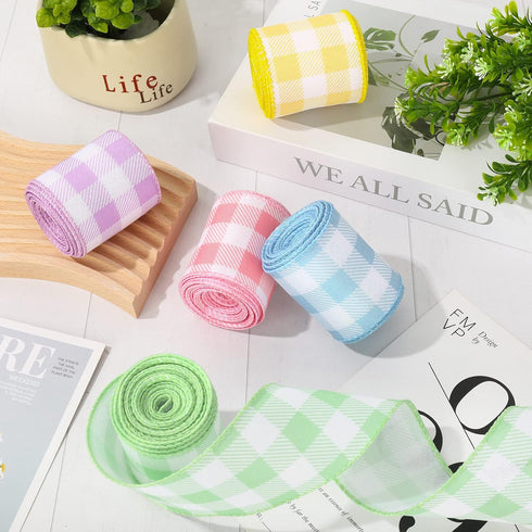 Spring Wired Edge Ribbon 30 Yards Pastel Buffalo Plaids Craft Ribbon Light Blue Yellow Pink Purple Green Decorative Fabric Ribbon for Easter Wreat...