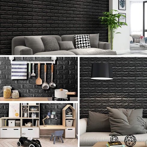 10 PCS Black 3D Wall Panels, 14.5 sq.feet Coverage, Printable Wallpaper Sticker with Self-Adhesive Waterproof Brick PE Foam Wall Panels Peel and S...