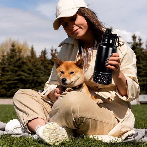 AGH Dog Water Bottle, 32oz Portable Dog Water Bottle with Detachable Bowl Food Feeding, Double Wall Vacuum Flask Stainless Steel Dog Travel Water ...