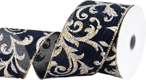 Homeford Christmas Glittered Scroll Filigree Faux Linen Wired Ribbon, 2-1/2-inch, 10-Yard, Navy...