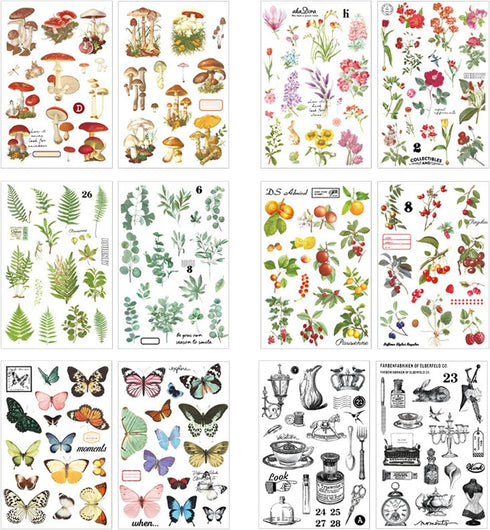 12 Sheets Rub on Transfers for Furniture Crafts Butterfly Flower Plant Stickers Journaling Scrapbooking Supplies Mushroom Botanical Decor Sticker ...