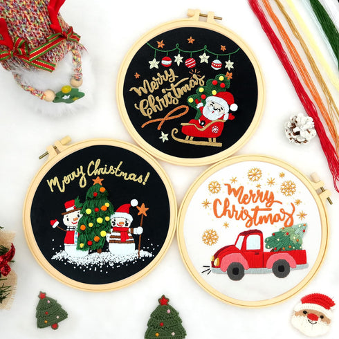 3 Sets Christmas Embroidery Starter Kit with Pattern for Beginners, Embroidery Kits with Christmas Pattern, Cross Stitch Set with Plastic Embroide...