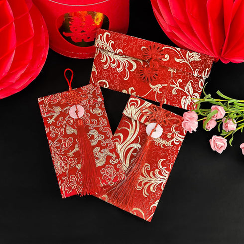 3 pcs Embroidered Red Envelopes, UNIIDECO Chinese Lunar New Year Lai Si Envelope Honhbao, Angpao Gift Wrap Bags Red Lucky Money Pockets for Spring...