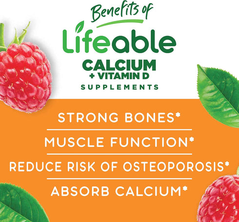 Lifeable Calcium 500 mg with Vitamin D3 1000 IU Gummies for Kids - Natural Flavor Vitamin Supplements - Gluten Free GMO-Free Chewable - for Bone, ...