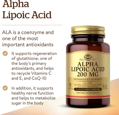 Solgar Alpha Lipoic Acid 200 mg, 50 Vegetable Capsules - Antioxidant Support - Helps to Recycle Glutathione, Vitamin C & E, CoQ-10 - Non-GMO, Vega...