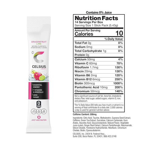 CELSIUS® On-the-Go Powder Sticks Dragonfruit Lime, Essential Energy 2.8 Oz (14 Sticks per Pack)...