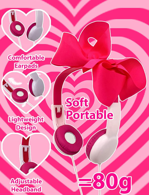 Priness bots Wired Kids Headphones with Mic for School/Travel,95dB Volume Limited,Shareport,On/Over Ear Bow Headsets with Nylon Cable (Pink)...