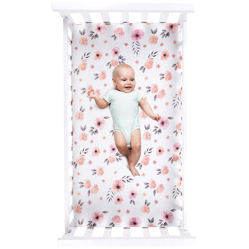 Pink Floral Girl Crib Sheet - 100% Finely Combed Cotton, Breathable, Super Soft Watercolor Rose Baby Girl Crib Sheets, 52' x 28' x 9' Fits Standar...